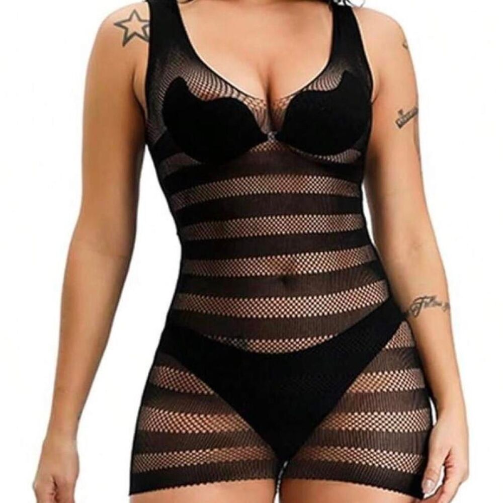 Black Sleeveless Fishnet Stretch Mesh Mini Dress - One Size
